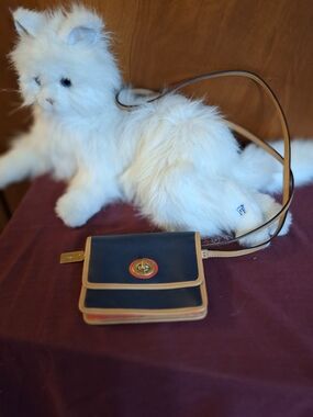 Coach Navy and Tan Leather Trim Crossbody with Red Accent